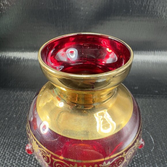 Venetian Art Glass Vase Vessel Hand Painted Gold Accents Attached Jewels Vase - Picture 5 of 10